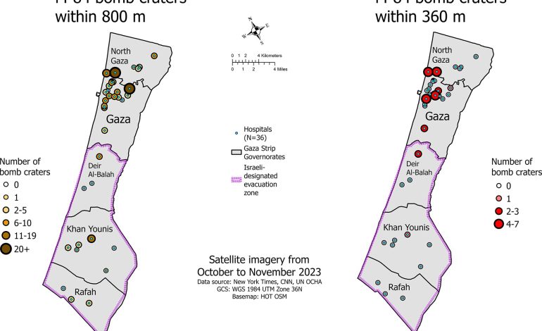 Satellite imagery reveals that large bombs were dropped dangerously close to hospitals in the Gaza Strip in 2023.