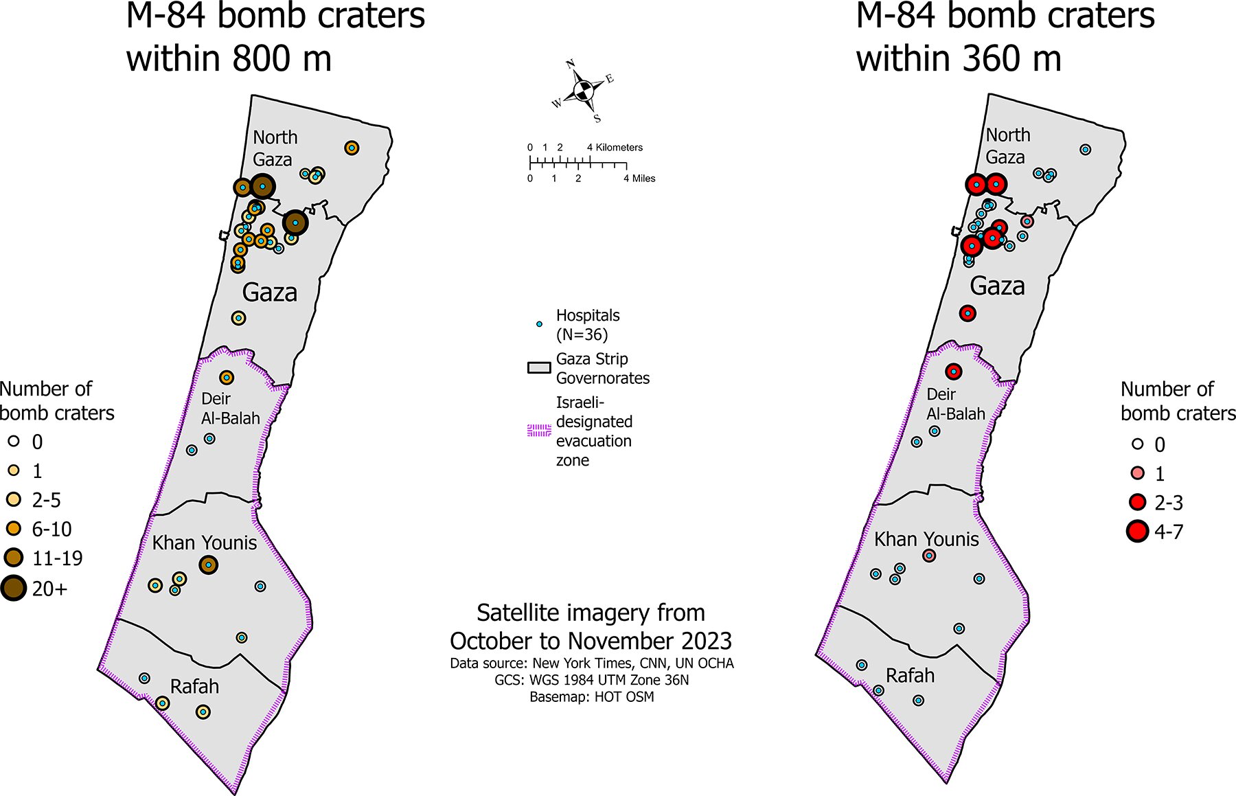 Satellite imagery reveals that large bombs were dropped dangerously close to hospitals in the Gaza Strip in 2023.